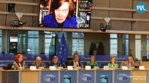 Dekoratives Bild: Im EU-Parlament in Brüssel. Unten Parlamentarier und Kommisionsleute, oben auf einem Display Sylvia Earle (zugeschaltet)